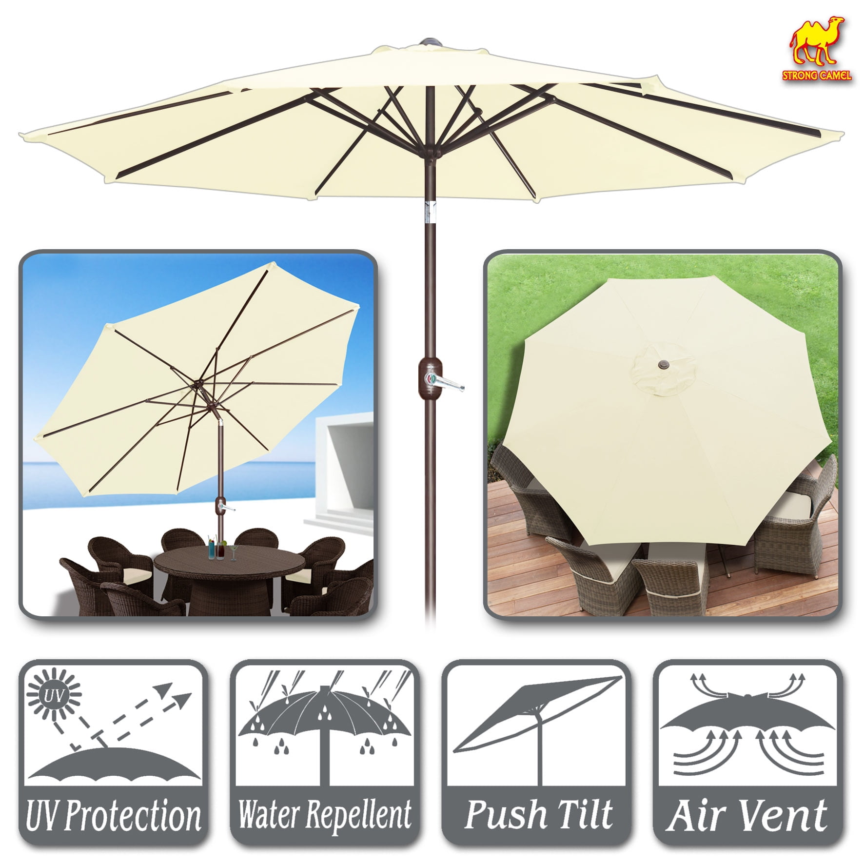 STRONG CAMEL 10' Patio Umbrella with Tilt and Crank Garden Market Table Parasol Sunshade Outdoor