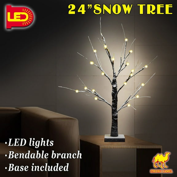 Strong Camel 24 Inch Snow Covered Lighted Tree 24 LED Night Light Lamp Weddings Parties Decorations No Cords Outlets Needed