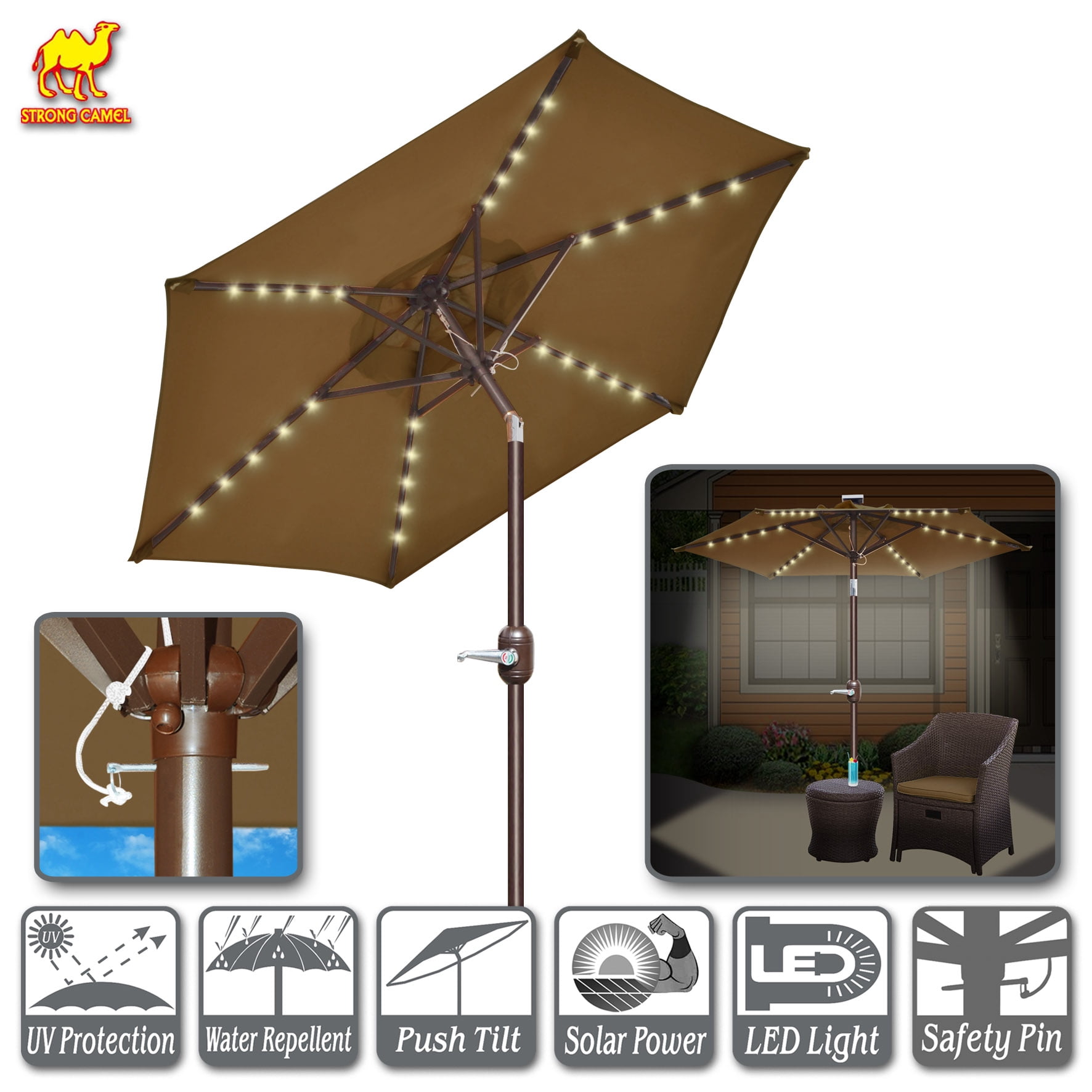 Strong Camel 6.5ft Outdoor Patio Umbrella LED Lighted Tilt Aluminum Garden Market Balcony Sunshade