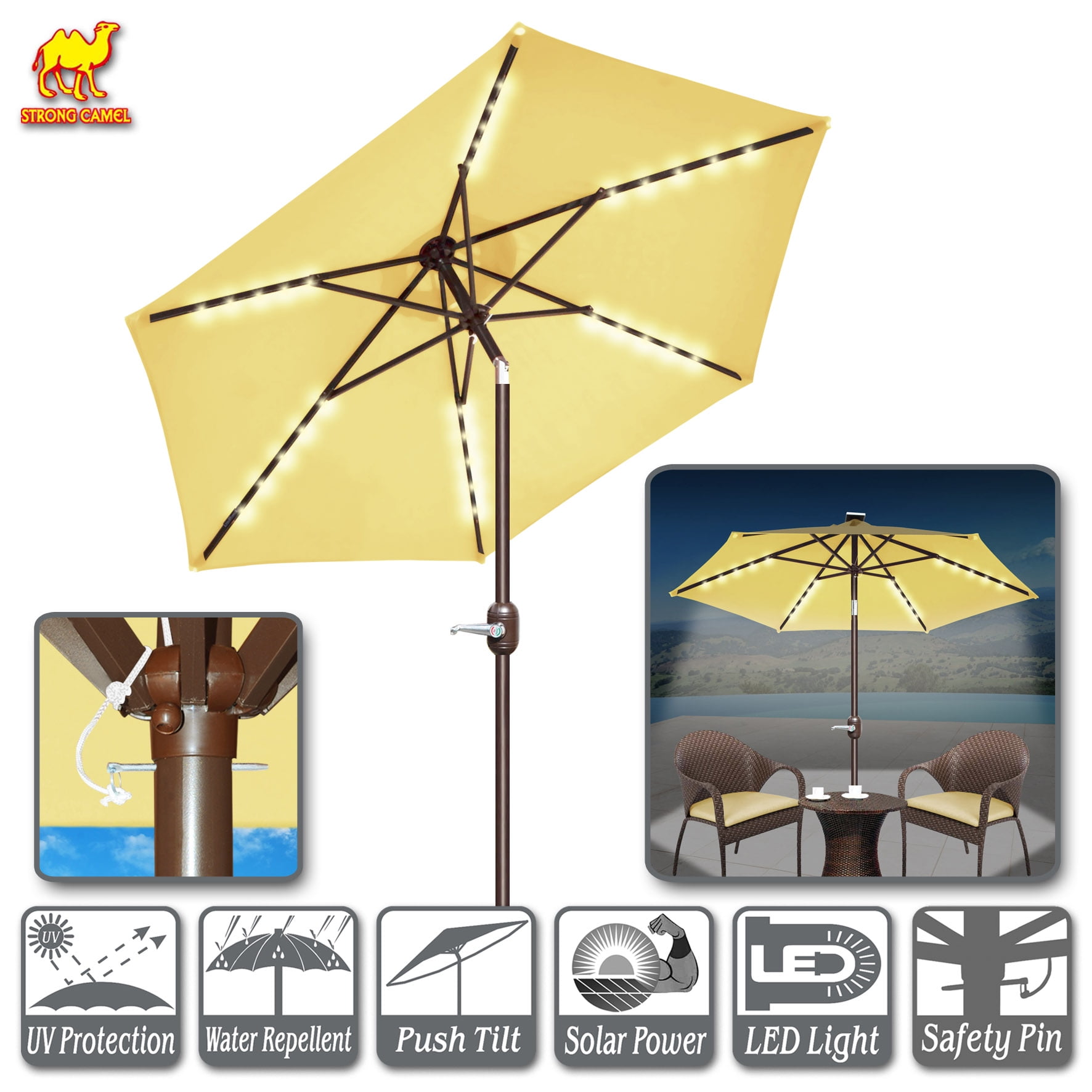 Strong Camel 7.5ft Patio Umbrella LED Lighted Tilt Aluminum Garden Market Balcony Outdoor Sunshade