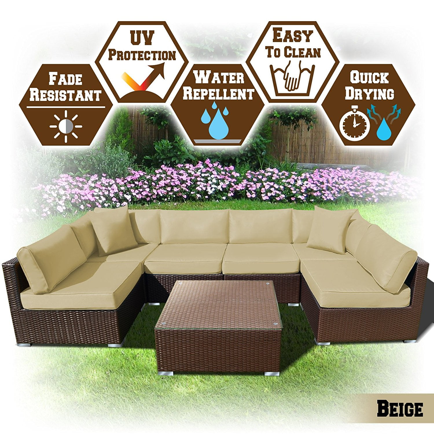Strong Camel 7 PC Rattan Wicker Patio Set Outdoor Sectional Sofa Furniture With Cushion (Beige)