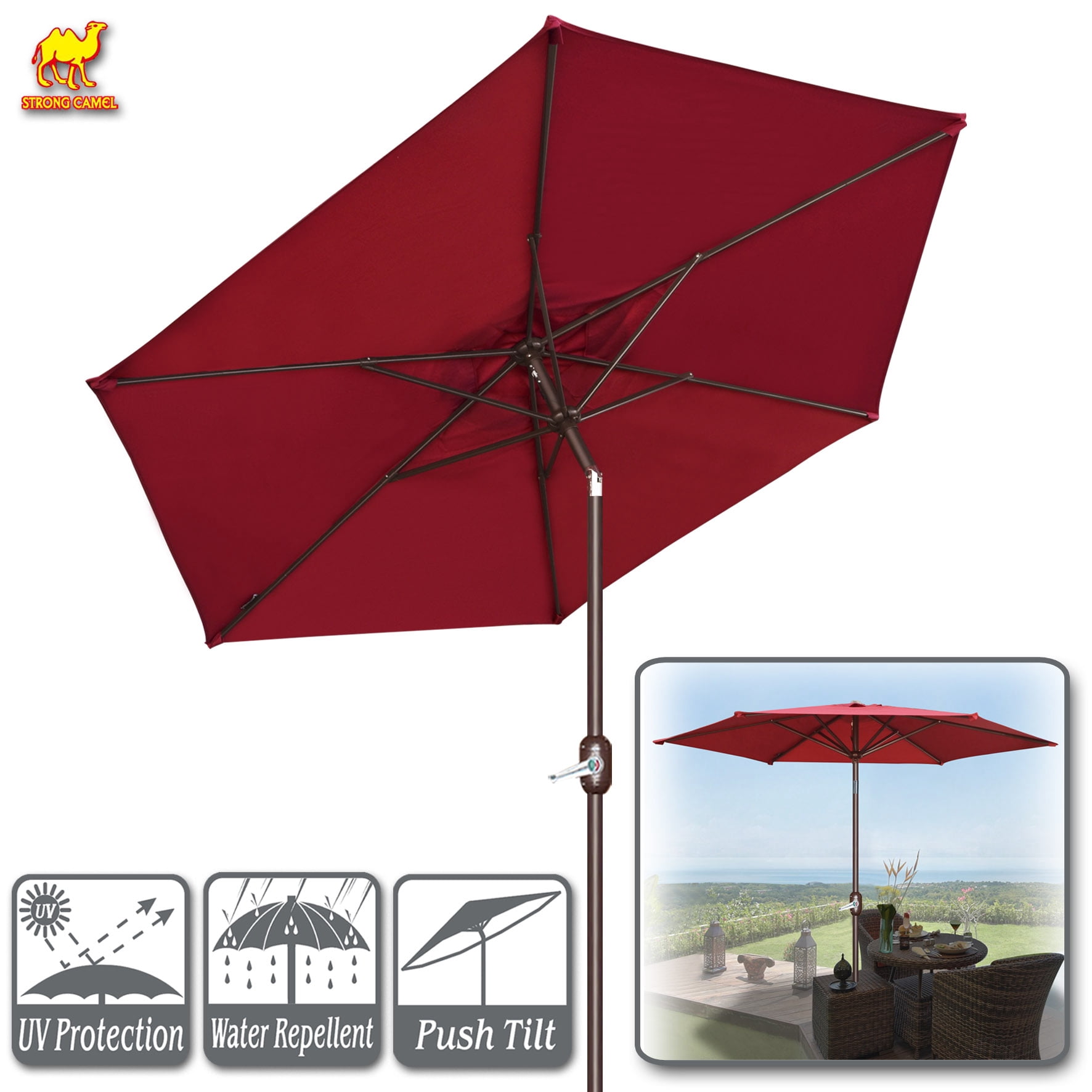 STRONG CAMEL 9' Patio 8 Ribs Outdoor Garden Market Parasol Sunshade Umbrella with Tilt and Crank