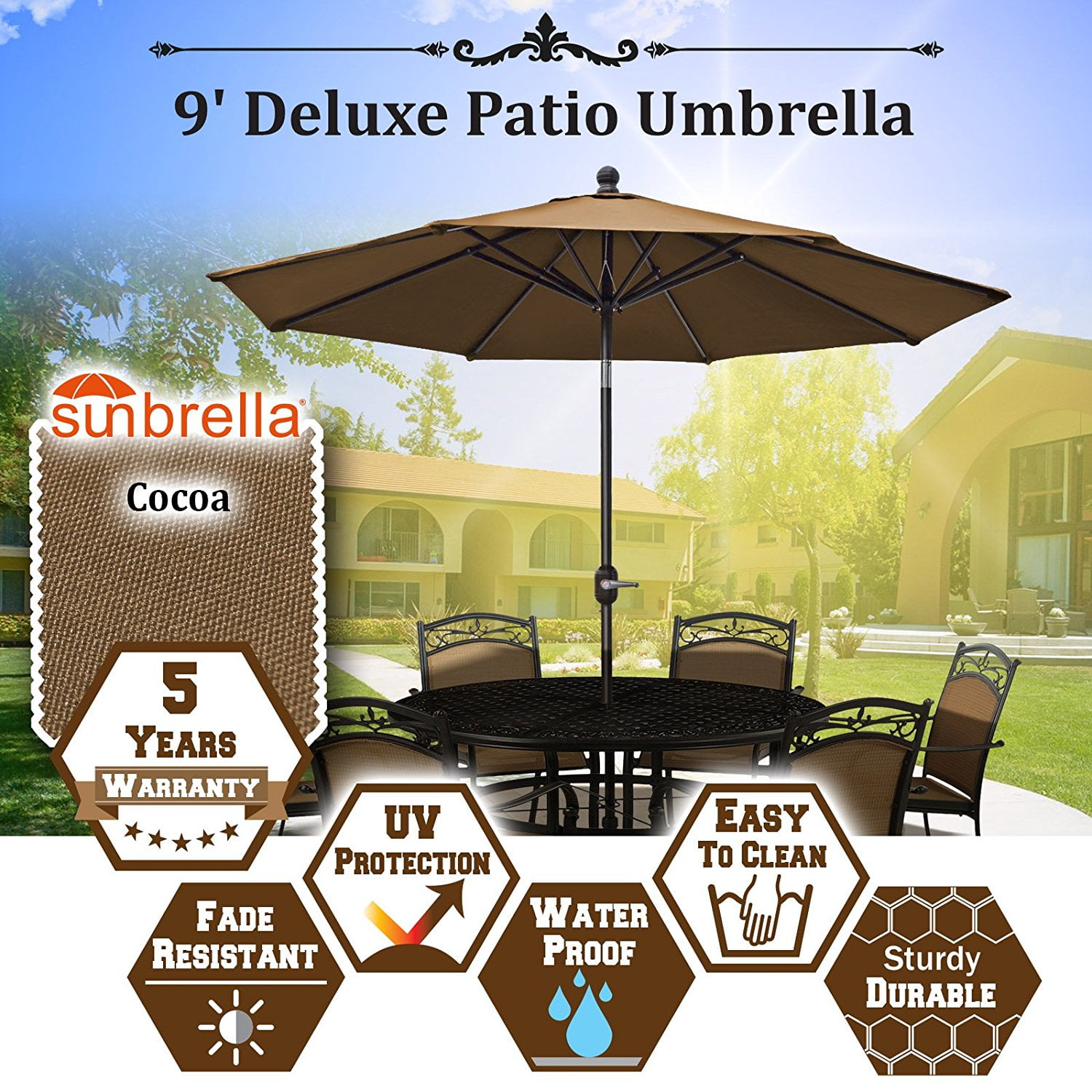 Strong Camel 9 Ft Outdoor Table Aluminum Patio Umbrella with Auto Tilt and Crank, With Sunbrella Cover , Alu. 8 Ribs--COCOA Color