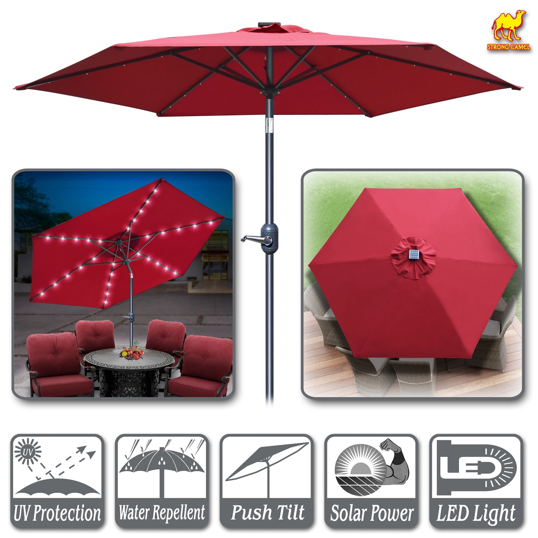 STRONG CAMEL 24 LED Light 9ft Aluminum Patio Solar Umbrella