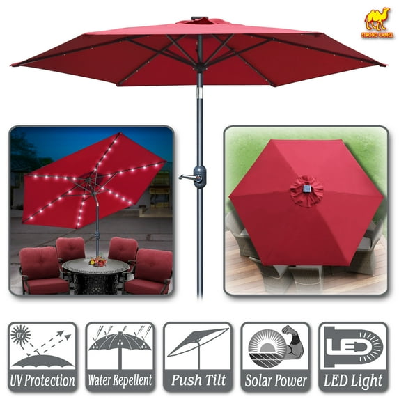 Strong Camel 9' Solar Lighted Patio Umbrella 30 LED Market Aluminium with Tilt and Crank Parasol Table Round Umbrella Sunshade (Burgundy)
