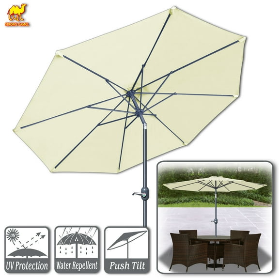 Strong Camel 9ft Patio Umbrella with Tilt and Crank 8 Ribs Outdoor Garden Market Umbrella Sunshade (Ecru)