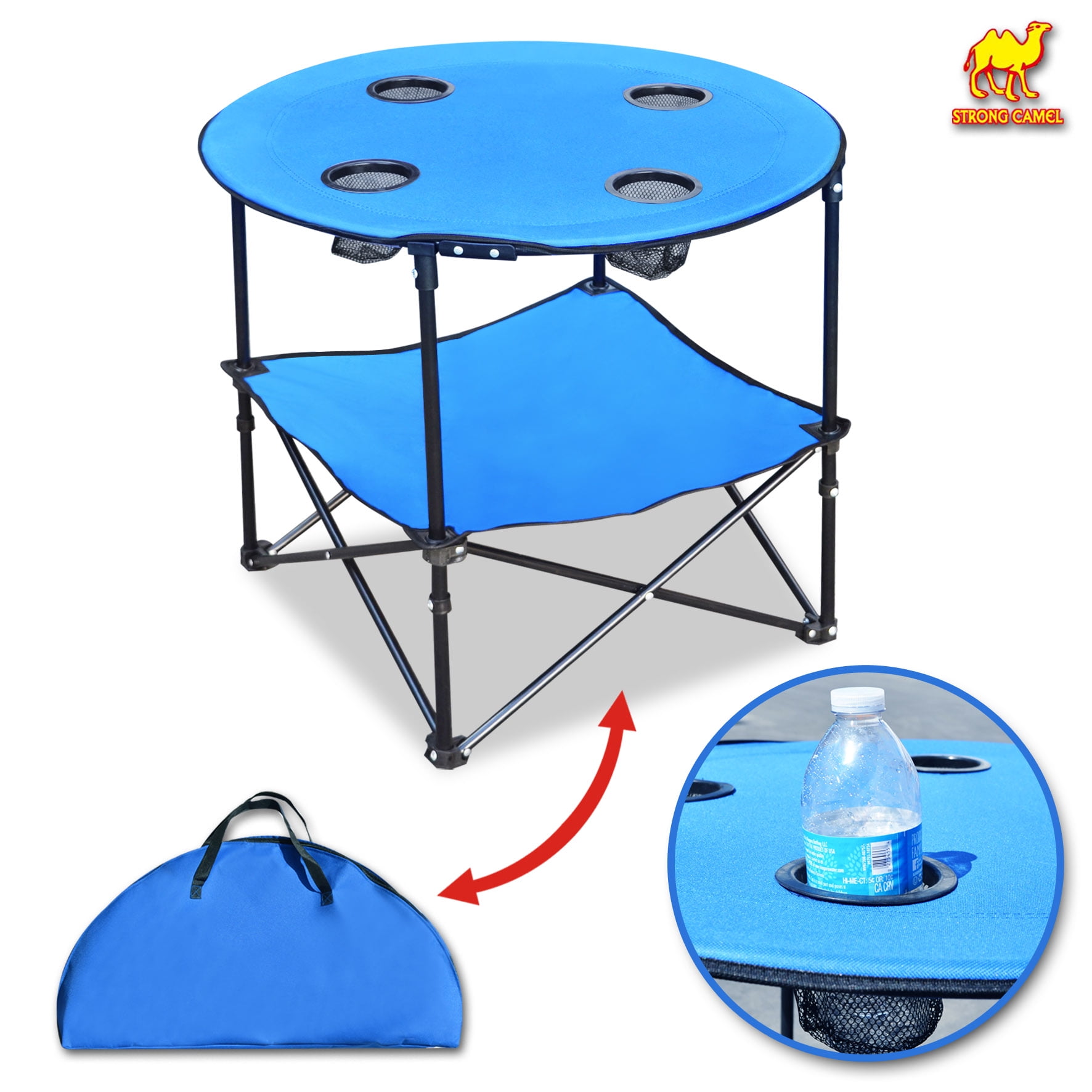 Strong Camel Folding Picnic Table Dia 27.5" Collapsible Round Table with 4 Cup Holders, Carry Case Included (with Shelf)