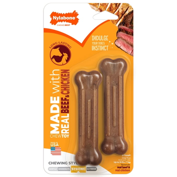Nylabone Strong Chew Textured Bone Dog Toy, Dog Chew Toy, Made with Real Beef & Chicken Flavor, X-Small, 2 pack