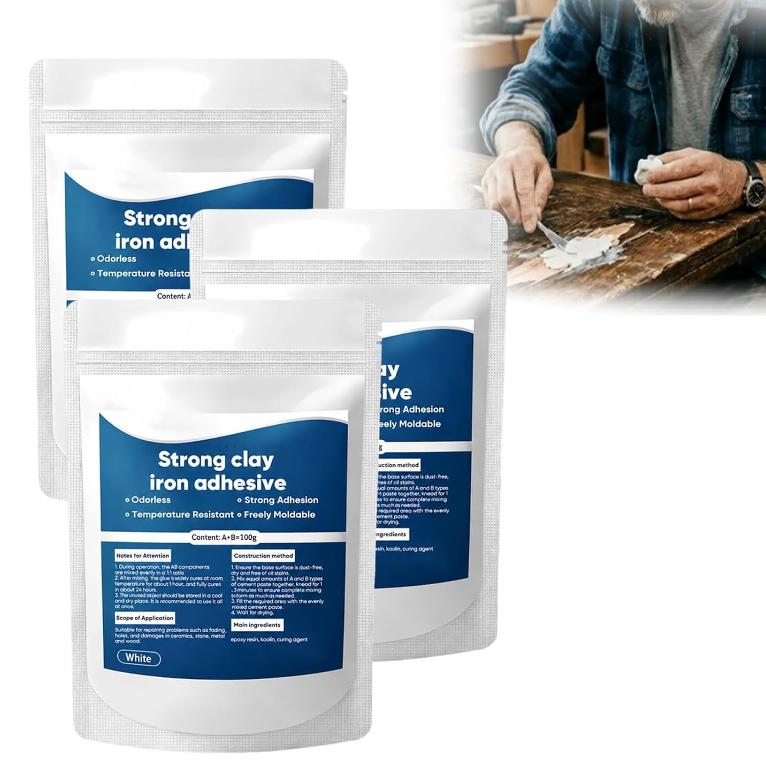 Strong Clay Iron Adhesive, 2027 New Repair Clay, Strong Metal Iron Adhesive, Universal Repair Putty Suitable for Bonding Plastics, Metals, Ceramics, Wood, Tiles, and Glass&nbsp;(3 Clay)