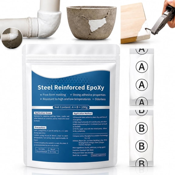 Strong Clay Iron Adhesive, Steel Reinforced Epoxy Putty, High-Strength Multi-Purpose Repair Clay for Bonding Plastic Metal Ceramic Wood Tile Glass, Filling Cracks Holes and Surface Repairs (1 PC)