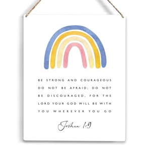 Be Strong and Courageous Bible Verse Wood Sign Rustic Joshua 19 Rainbow Wooden Hanging Plaque for Home Office Nursery Wall Art Decoration 8x10 Inch Present