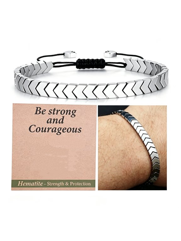 Be Strong and Courageous Chevron Beaded Bracelet with Adjustable Cord and Inspirational Message Card, Light-Tone Arrow Wristband, Encouragement Gift for Him