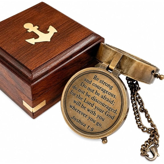 Be Strong and Courageous Compass  Antique Nautical Magnetic Compass with Engraved Scripture Quote  Baptism Gift with Wooden Box for Son, Father, Husband, Loved One