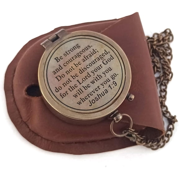 Be Strong and Courageous (Joshua 1:9) Brass Compass with leather case -Engraved Scripture Prayer Compass Religious Gift for Men & Women - Confirmation, Communion Compass for Boys Graduation Gift