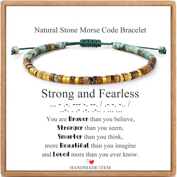 Strong and Fearless Morse Code Beaded Bracelet with Inspirational Message Card, Adjustable Cord Encouragement Gift for Women, Teen Girls, Daughter, Friend, Birthday and Graduation