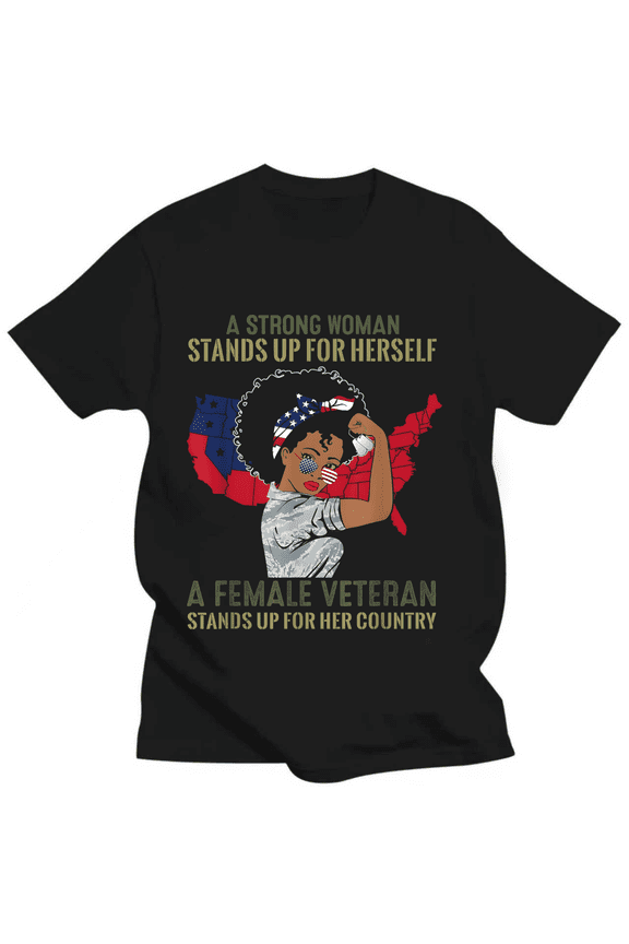 Strong Female Veteran Patriotic T-Shirt - Black Woman Military USA Flag Graphic Tee for Women