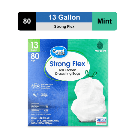 Strong Flex 13 Gallon Tall Kitchen Drawstring Bags, Mint Scent, 80 Count
