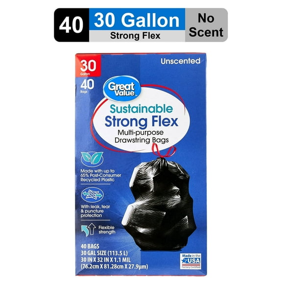Strong Flex Multi-Purpose Drawstring Bags, 33 Gallon, Mint, 40 Count