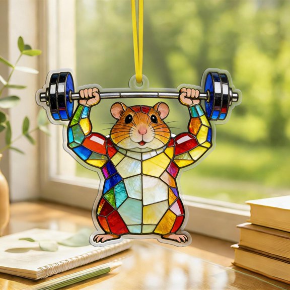 Strong Hamster Lifting Weights 2D Flat Acrylic Suncatcher Window Hanging Whimsical Pet Art