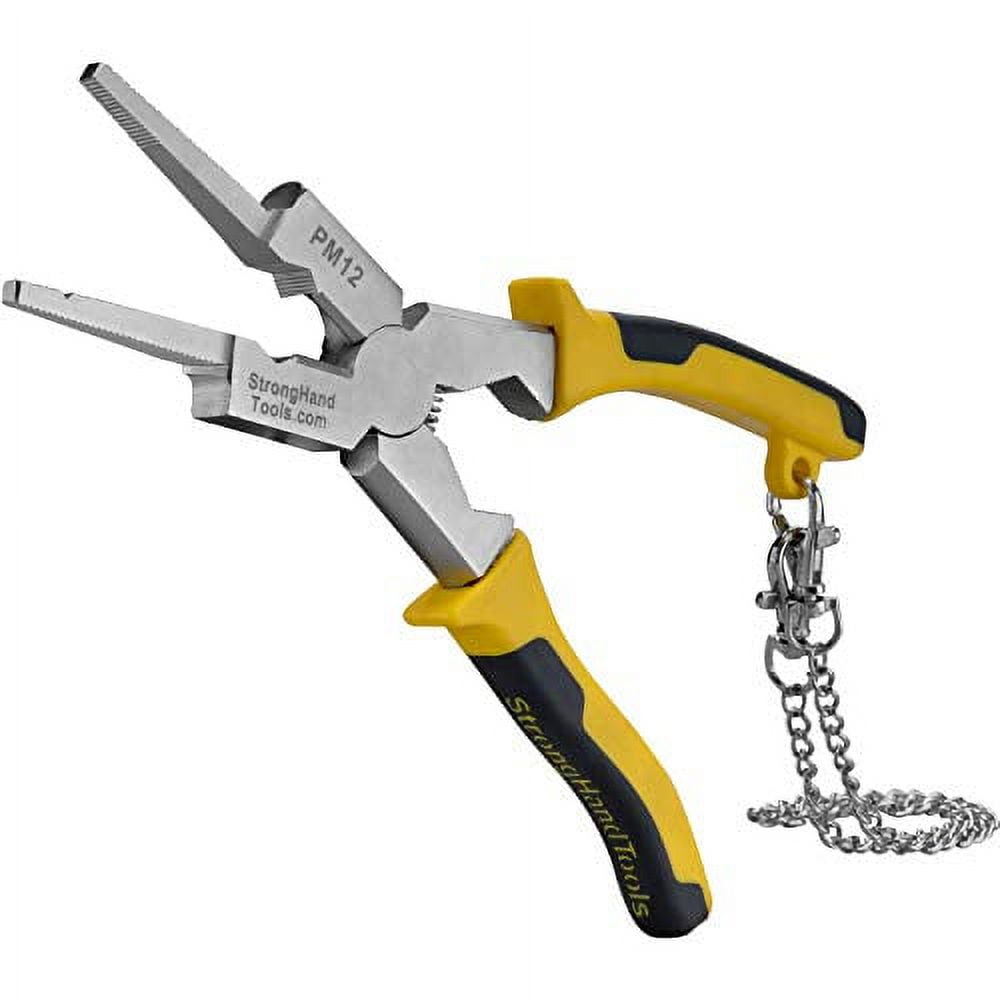 Strong Hand Tools, Deluxe MIG Welding Pliers, 8-Inch, Rounded & Flat Face Hammer,Fine & Coarse Files, Side Pull V-Notch, Retention Chain, Ergonomic Grip, PM12