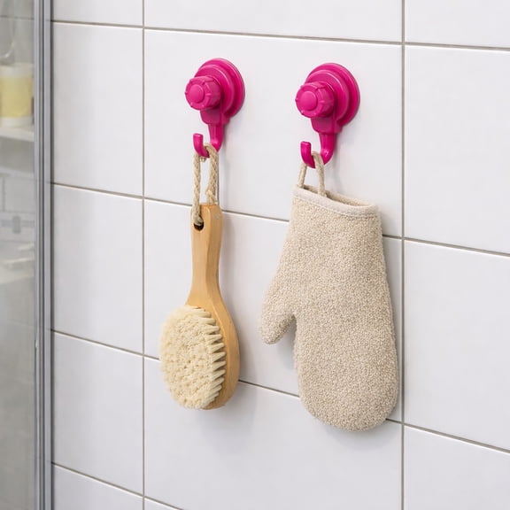 Strong Hold Vacuum Suction Cup Hooks Shower-Kitchen Walls Organizer Loofah Set of 2 Pink