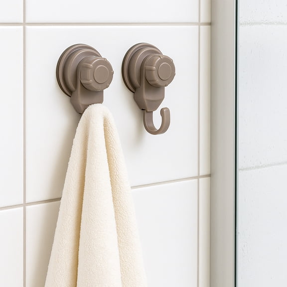 Strong Hold Vacuum Suction Cup Hooks Shower-Kitchen Walls Organizer Loofah Set of 2 Tan