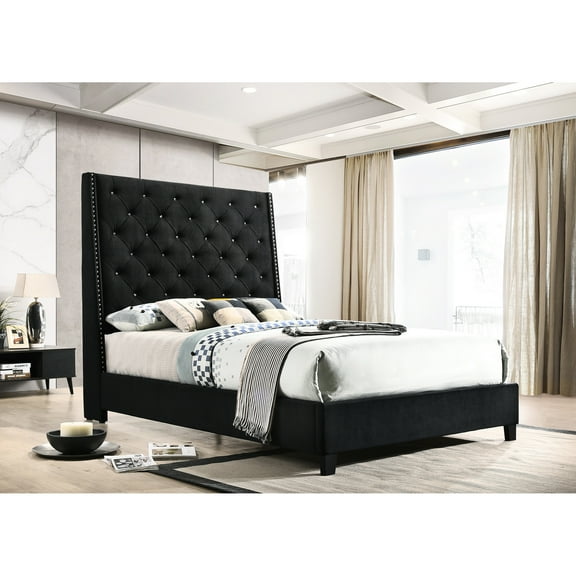 Strong King Upholstered Bed With , Button Tufting In Black Finish Decoration Contemporary Bedroom Headboard,