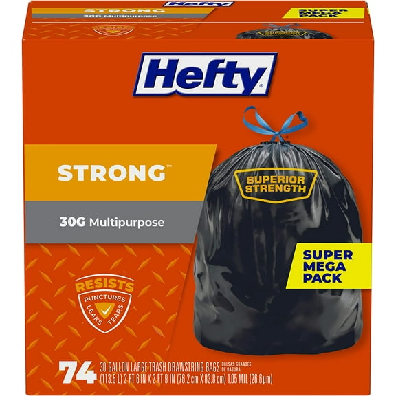 Strong Large Trash Bags, Black, 30 Gallon, 74 Count