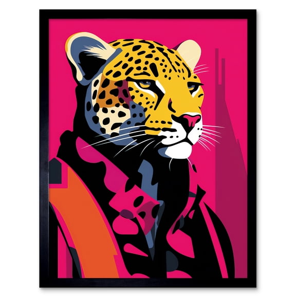 Strong Leopard in Suit Bold Artwork Orange Pop Art Hot Pink Vibrant Portrait Art Print Framed Poster Wall Decor 12x16 inch