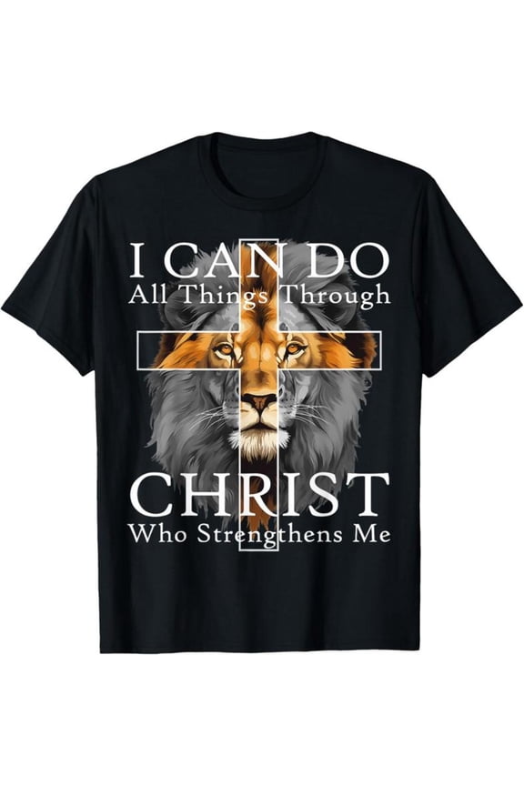 Strong Lion With Cross Christian Faith Inspirational Mens T-Shirt