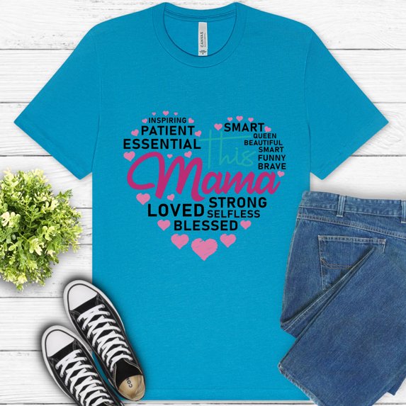 Strong MOM Heart Typography Premium T-Shirt for Women | Empowering Mom Graphic Tee, Aqua, S