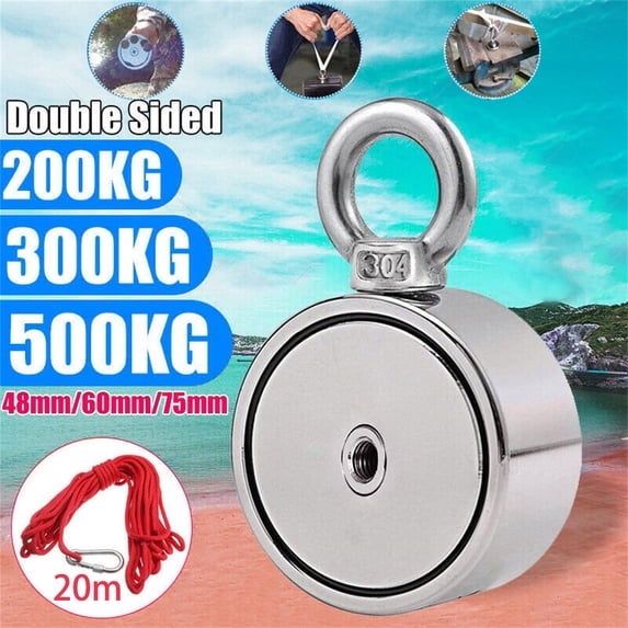 Strong Magnet Fishing Kit, 1000LBS(453KG) Pulling Force Double-Sided Fishing Magnets Neodymium Magnetic Fishing Kit with 20m (65 Foot) Durable Rope and Hook up