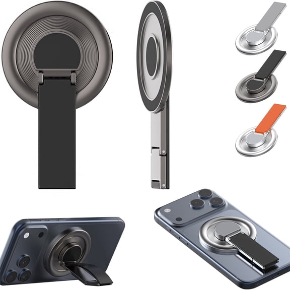 Strong Magnet Phone Holder 360° Rotating Metal Folding, Anti-Slip Silicone Ring, Compatible with iPhone and Android Phones