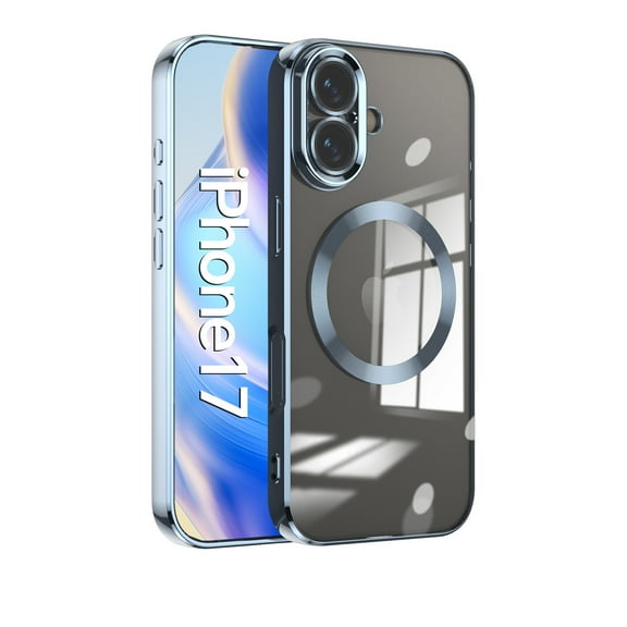 Strong Magnetic Clear Case for iPhone 17, Luxury Plating Bling Phone Case Cover Compatible with Magsafe for Men Women Girls with Camera Lens Protector for iPhone 17, Blue