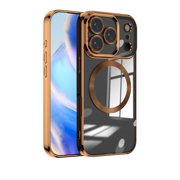 Strong Magnetic Clear Case for iPhone 18 Pro, Luxury Plating Bling Phone Case Cover Compatible with Magsafe for Men Women Girls with Camera Lens Protector for iPhone 18 Pro, Orange