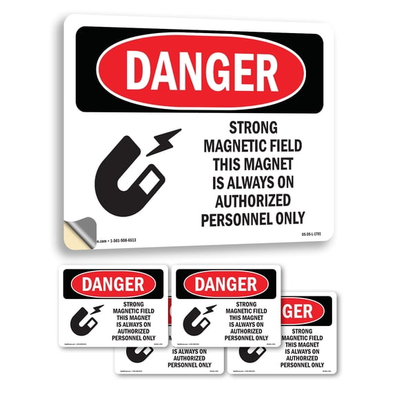 Strong Magnetic Field Magnet Is On OSHA Danger Vinyl Decal Label 7 Inch x 5 Inch - 5 Pack