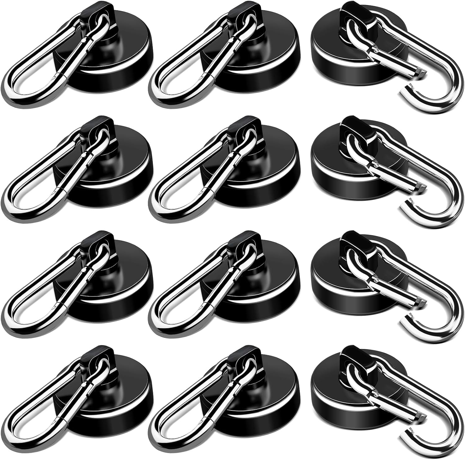 MY Strong Magnetic Hooks, 70LBS Magnetic Hooks Heavy Duty Strong Neodymium Magnets with Carabiner Hook, Magnet Hooks with Swivel for Kitchen, Hanging, Cruise, Grill, Refrigerator - 12 Pack Bla