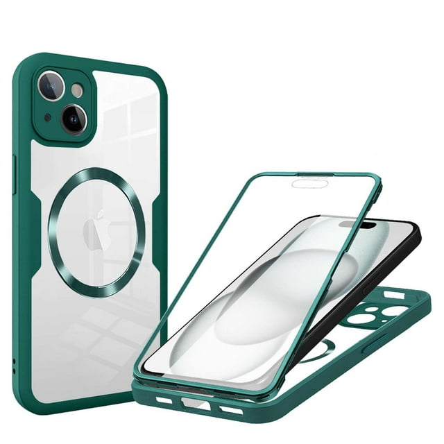 Strong Magnetic Phone Case for For iPhone 15,[Built-in Screen Protector][Compatible with Magsafe][Military Shockproof Dropproof] Heavy Duty Transparent Phone Case Cover,Darkgreen