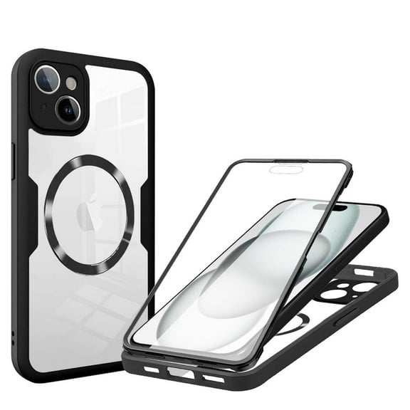 Strong Magnetic Phone Case for For iPhone 15 Plus,[Built-in Screen Protector][Compatible with Magsafe][Military Shockproof Dropproof] Heavy Duty Transparent Phone Case Cover,Black