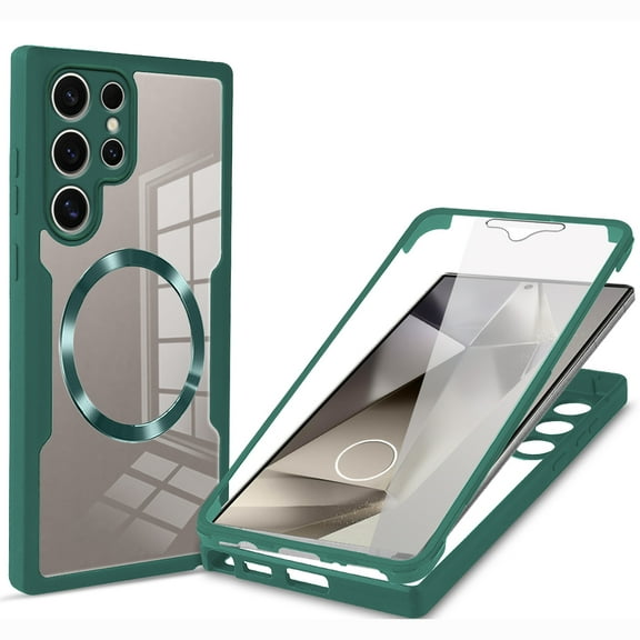 Strong Magnetic Phone Case for Samsung Galaxy S24 Ultra,[Built-in Screen Protector][Compatible with Magsafe][Military Shockproof Dropproof] Heavy Duty Transparent Phone Case Cover,Darkgreen