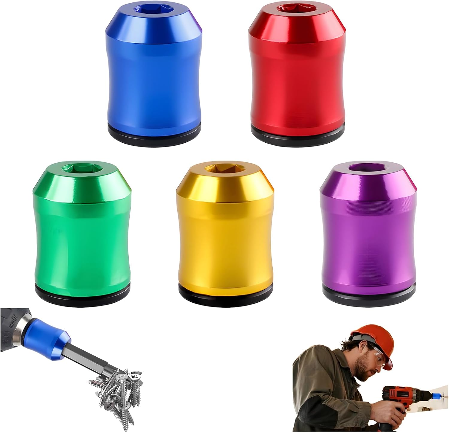 Aunocy 5-Pack Magnetic Screw Rings – Strong N38 Neodymium Magnetizer For 1/4" Hex Bits, Aluminum Alloy Holder, Color-Coded, For Impact Drivers & Drills
