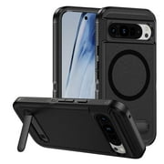 Strong Magnetic & Seamless Stand for Google Pixel 9 / 9 Pro Case, Compatible with MagSafe, for Google Pixel 9 / 9 Pro Phone Case, Ultra Slim Frosted Matte Non Slip Drop Protection, Black+Black