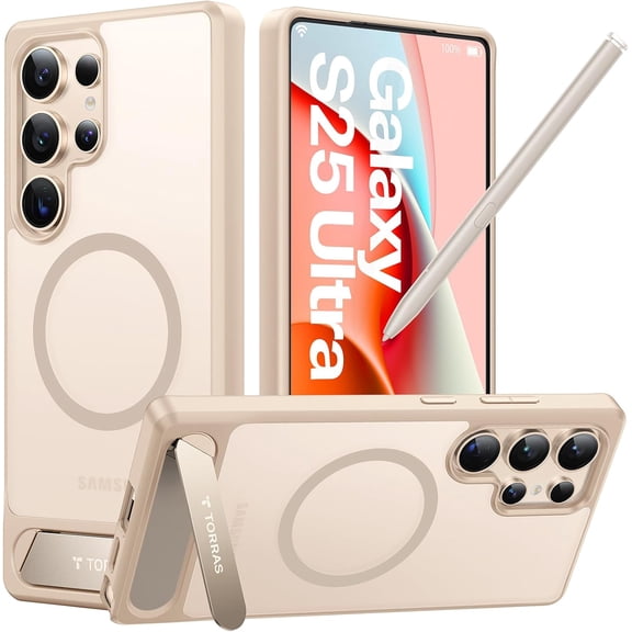Strong Magnetic & Seamless Stand for Samsung Galaxy S25 Ultra Case, Fit for MagSafe, Mil-Grade Drop Protection, Kickstand for Samsung Galaxy S25 Ultra Case, Translucent Back/Gold Edge