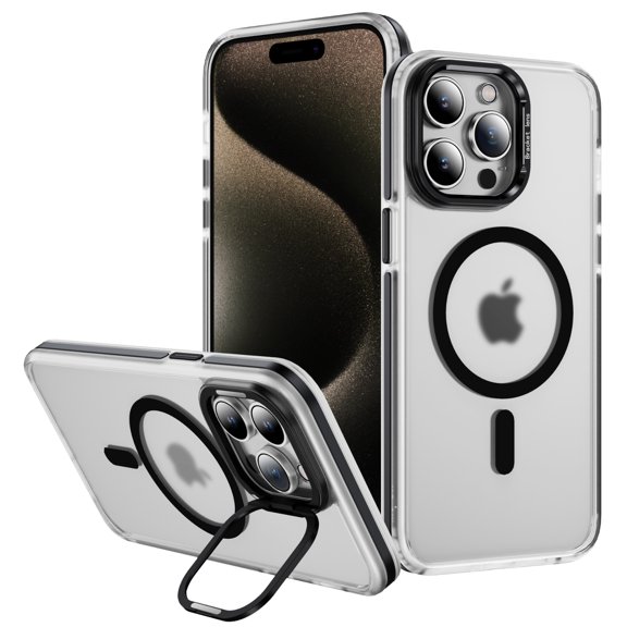 Strong Magnetic case for iPhone 16, [Military-Grade Protection] Built-in Camera Stand Phone case, Compatible with fit MagSafe Slim Thin Translucent Back Cover, Colorful Bumper Stand, Black