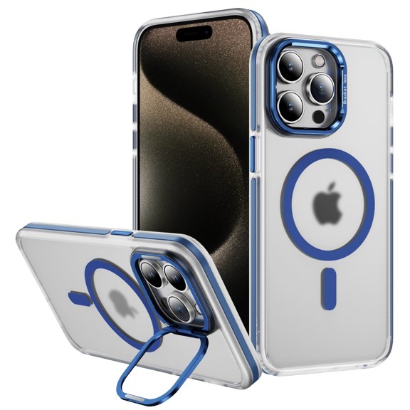 Strong Magnetic case for iPhone 16, [Military-Grade Protection] Built-in Camera Stand Phone case, Compatible with fit MagSafe Slim Thin Translucent Back Cover, Colorful Bumper Stand, Blue