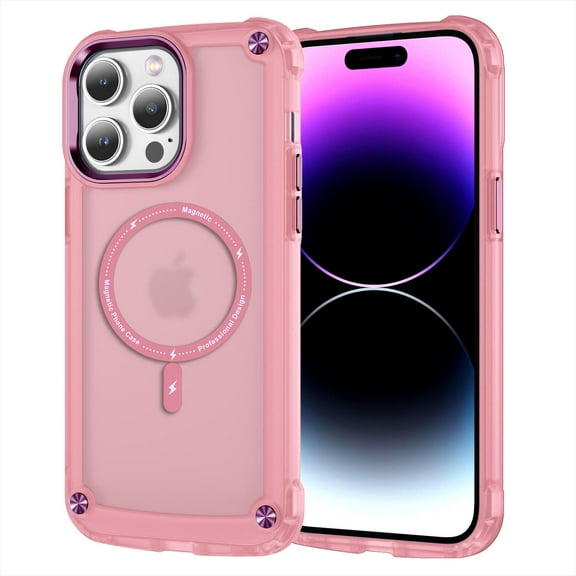 Strong Magnetic for iPhone 14 Case, [10FT-Grade Drop Tested & Compatible with MagSafe] Translucent Anti-Fingerprint Anti Shockproof Protective Shell for iPhone 14 6.1 Inch, Pink