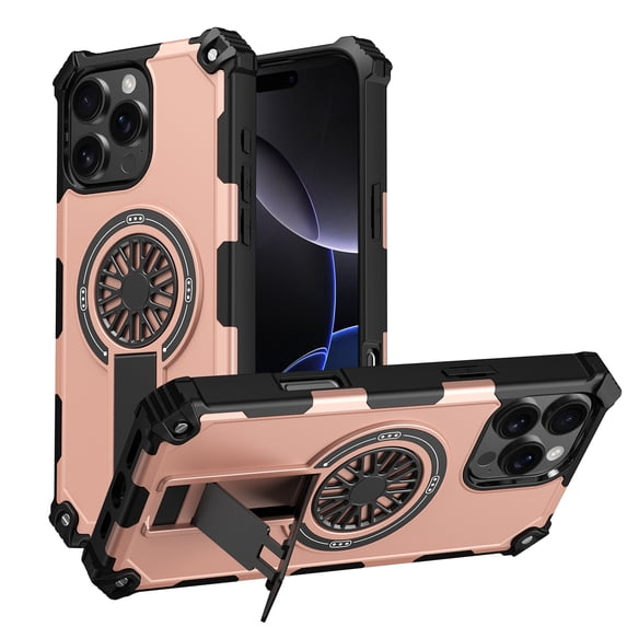 Strong Magnetic for iPhone 14 Pro Case with Hidden Stand, Compatible with Mag-Safe, Military Grade Drop Protection, Built-in Kickstand for iPhone 14 Pro Heavy Duty Shockproof Cover, Rosegold