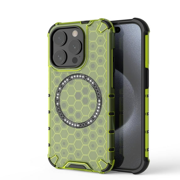 Strong Magnetic for iPhone 14 Pro Case, Military Grade Drop Protection, Compatible with MagSafe, Shockproof Anti-Fingerprint Honeycomb Pattern Translucent Slim Phone Protective Cover,Green