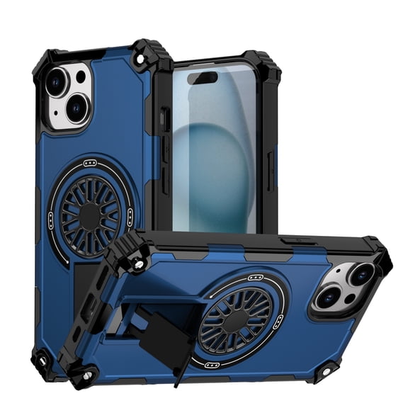 Strong Magnetic for iPhone 15 Case with Hidden Stand, Compatible with Mag-Safe, Military Grade Drop Protection, Built-in Kickstand for iPhone 15 Heavy Duty Shockproof Cover, Blue
