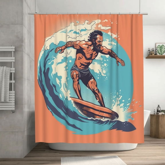 Strong Man Surfing Shower Curtain 72X72In For Bathroom, Waterproof Fabric Quick Dry Soft Decoration Set